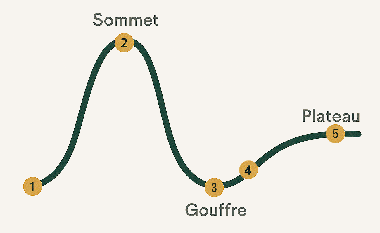 Courbe du cycle de Gartner avec 5 étapes numérotées : déclencheur, sommet, gouffre, pente, plateau