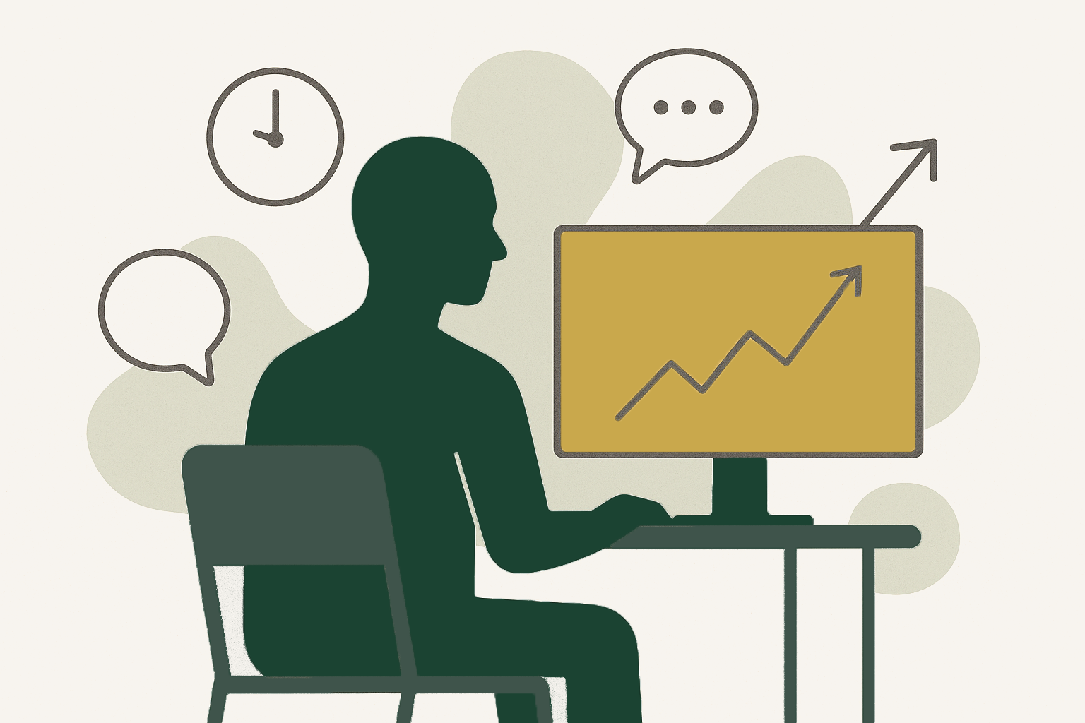 Investisseur calme face à un écran en hausse, entouré de bruit et d'urgence
