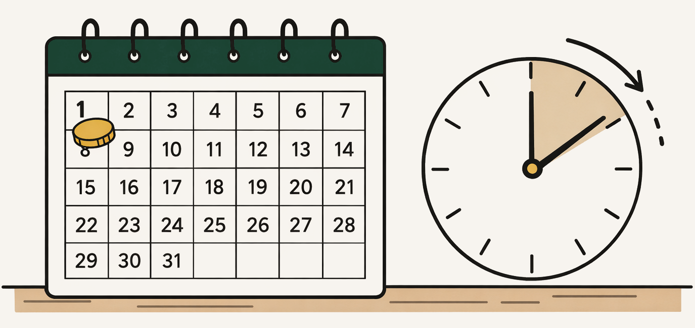 Calendrier avec une pièce sur le jour 1 et une horloge indiquant le temps qui passe