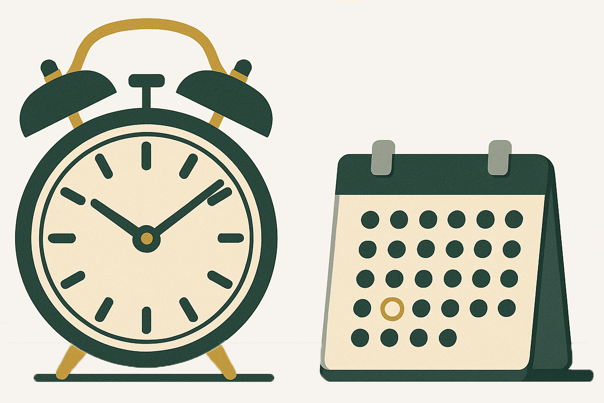 Une horloge et un calendrier avec un jour cerclé en or